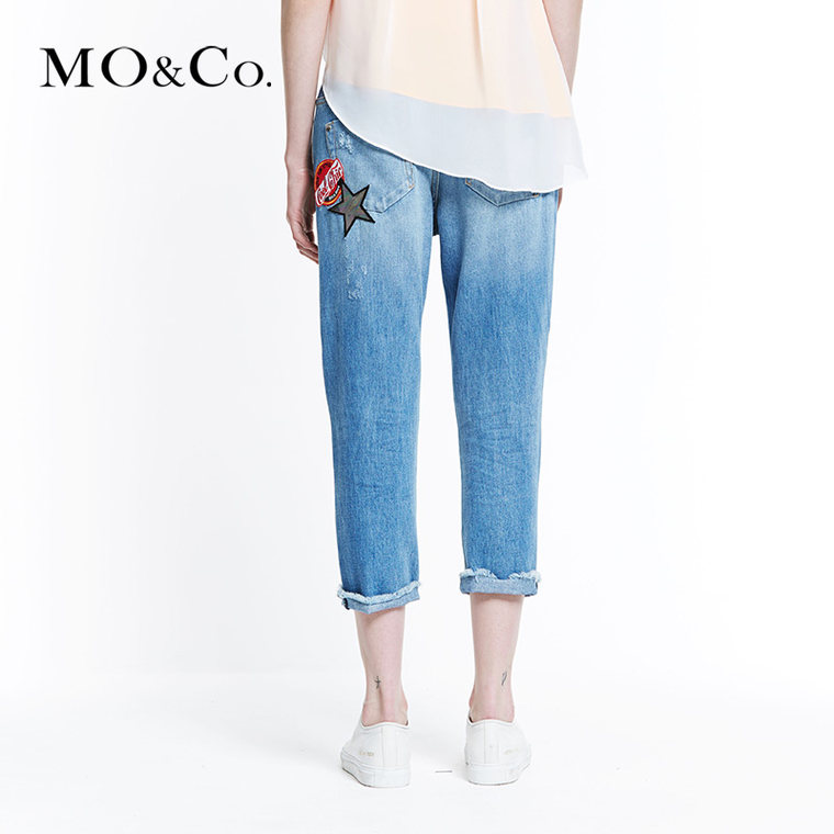 MO&Co.牛仔裤女长裤2015欧洲站卡通贴布流苏绣直筒MA152JEN21moco