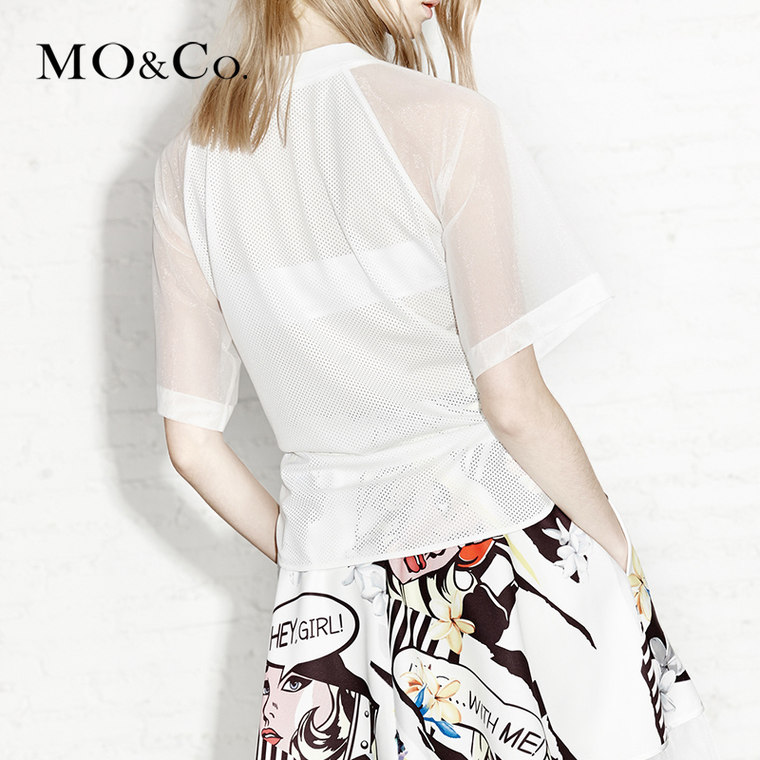 MO&Co. 白衬衫女短袖夏装2015欧美V领网眼衬衣拼接MA152SHT49moco