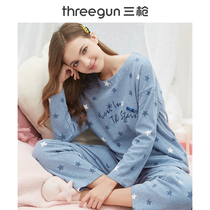 Three gun pajamas womens 2019 autumn and winter new products brushed elastic cotton round neck printing off the shoulder long sleeve home wear suit