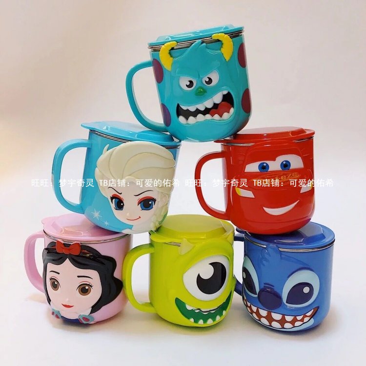 Cartoon Children Stainless Steel Water Glasses Princess Mug Cup Anti-Fall Home Milk Cup Nursery Water Cup With Lid Cup