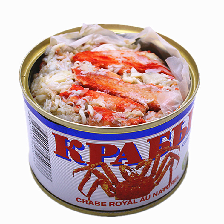 进口俄罗斯蟹腿肉罐头即食螃蟹罐头帝王蟹肉海鲜罐头最新日期