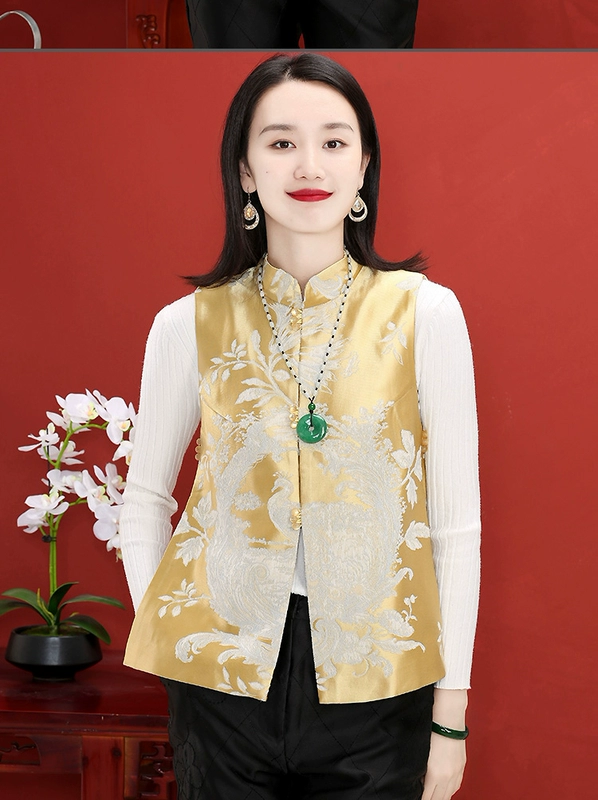 Áo khoác ghi lê retro jacquard của phụ nữ mùa thu, cỡ lớn, phong cách Trung Quốc, áo khoác vest ngắn, áo ghi lê, hàng đầu Trung Quốc, quần áo phụ nữ - Áo vest