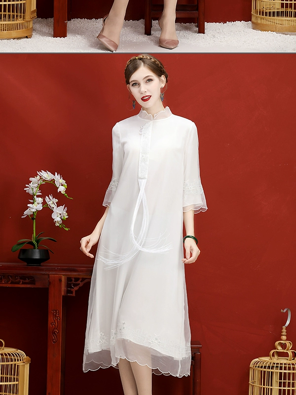 Kiểu váy Trung Quốc phiên bản cải tiến váy a-line cỡ lớn rộng rãi retro organza chất béo trung bình mm quần áo phụ nữ phong cách dân tộc - A-Line Váy