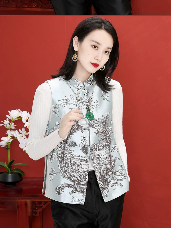 Áo khoác ghi lê retro jacquard của phụ nữ mùa thu, cỡ lớn, phong cách Trung Quốc, áo khoác vest ngắn, áo ghi lê, hàng đầu Trung Quốc, quần áo phụ nữ - Áo vest