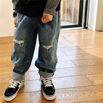 JUSTIN childrens spring and autumn Korean version of casual loose fashion hole jeans boys foreign street dance beggar pants tide