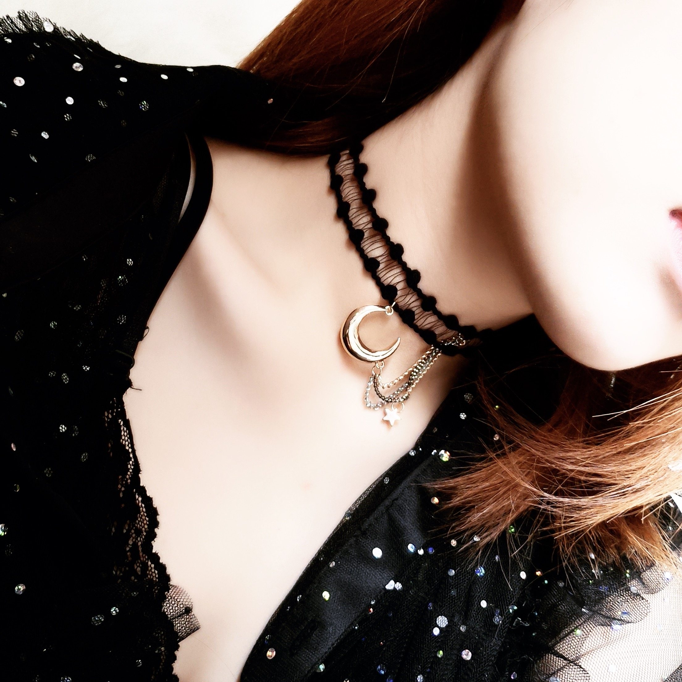 chocker 项圈蕾丝脖颈链月亮装饰项链 女 日韩 学生 创意 潮人