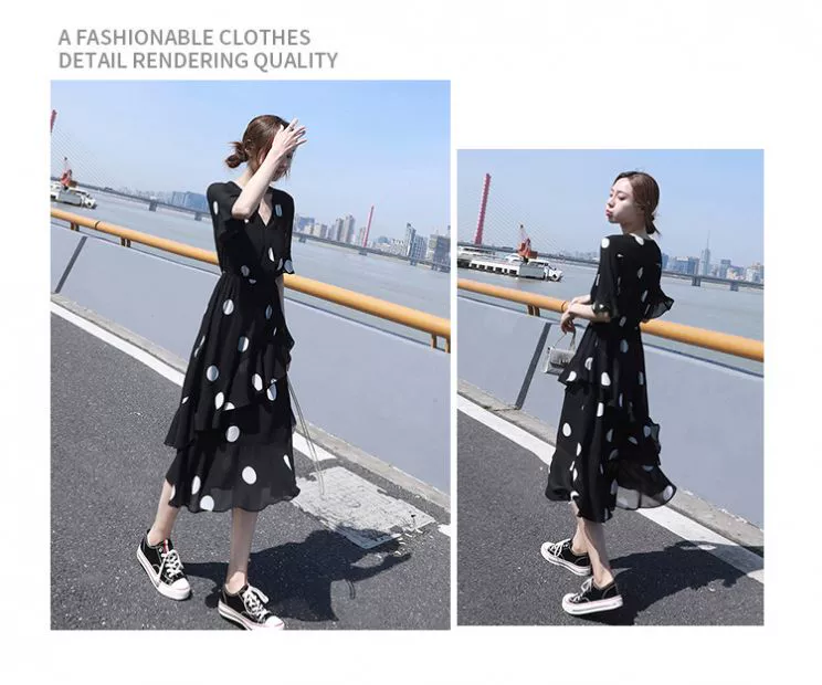 Đầm voan chấm bi đen 2021 phụ nữ mới eo eo thon, váy a-line bánh bèo khí chất mùa hè - A-Line Váy