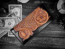 FENGMA sew horse original handmade leather carving cowhide long wallet leather retro wallet Tang grass custom lettering