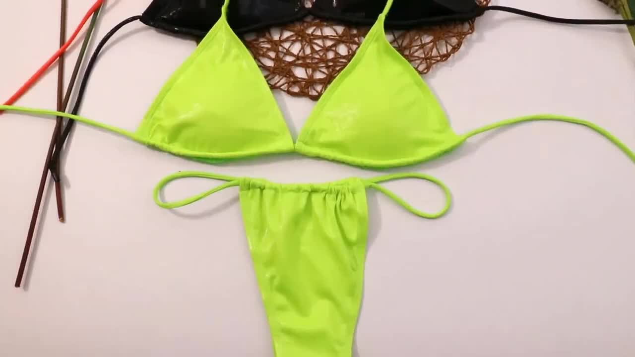 定制字符串漆皮迷你比基尼女孩性感丁字裤泳装