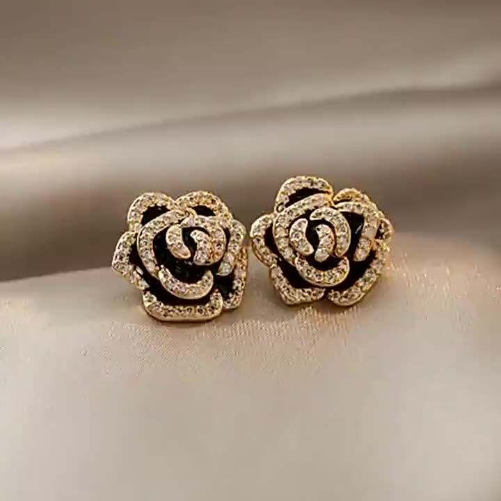 925 silver stud earrings retro black flower hoop earrings