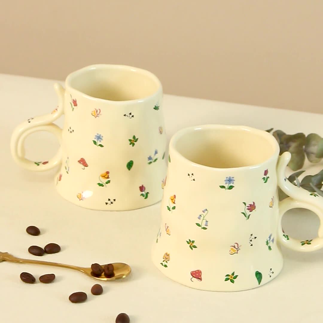 法式复古水杯女生高颜值情侣杯子碎花陶瓷马克杯家用牛奶杯咖啡杯