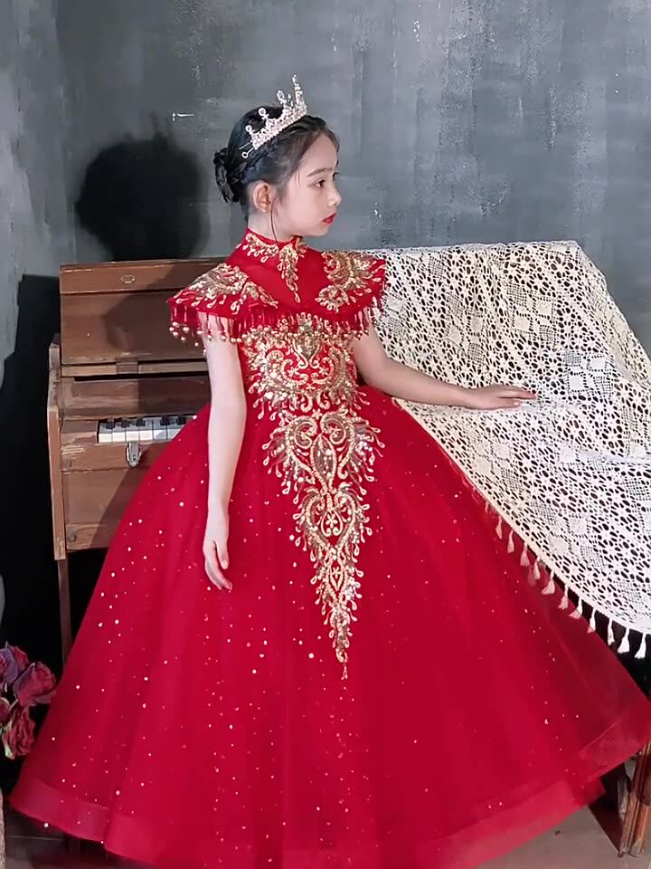 国潮女童走秀礼服公主裙儿童红色高端晚礼服蓬蓬纱洋气中国风春秋