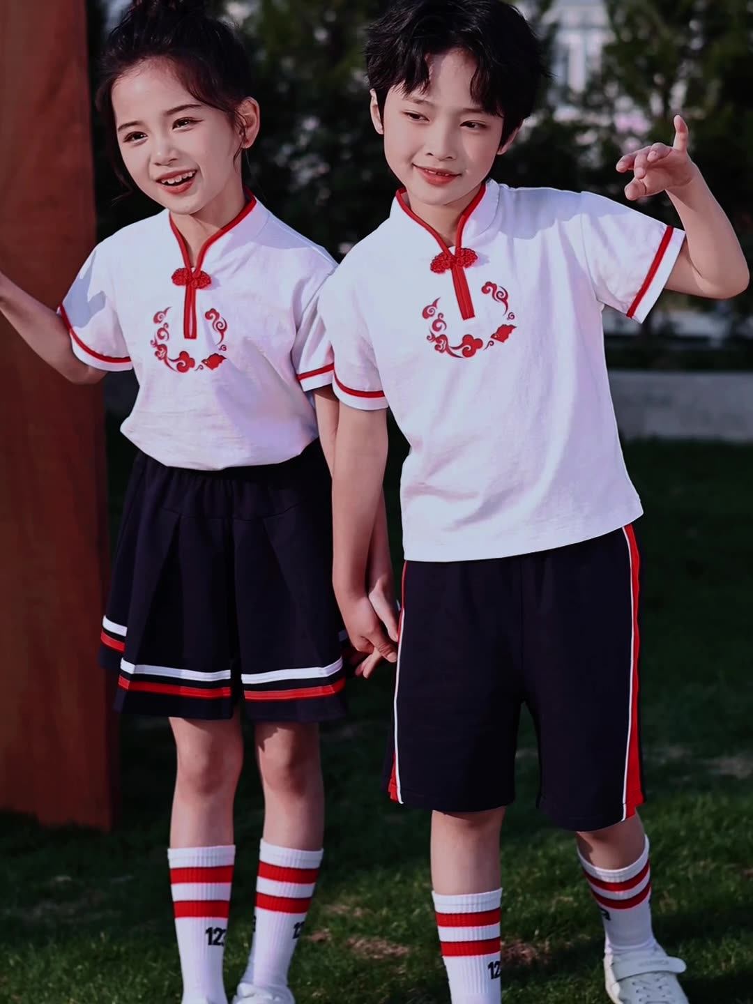 幼儿园园服夏季新款 小学生校服班服 儿童国风印花红色短裙套装