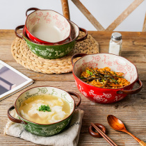 ezicok hand-painted soup bowl household large Bowl ceramic salad bowl soup noodle bowl creative double ear bowl Japanese bowl instant noodle bowl