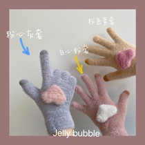 * jelly bubble * Korean ins Girl Love Plush Five Finger Winter Warm Gloves Touch Screen