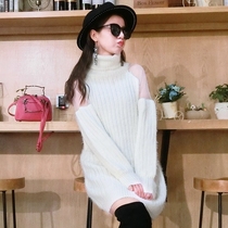 2020 Autumn and Winter sexy off-the-shoulder mesh loose turtleneck sweater Goddess fan mid-length dress sweater top