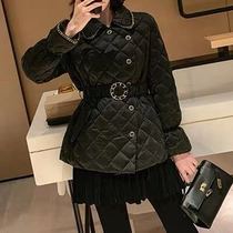 Small fragrance light waist lace-up down cotton coat short womens winter French slim plaid bread coat cotton coat