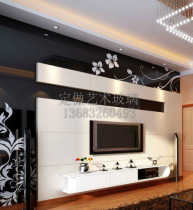 New best-selling paint art glass TV restaurant background wall 7F shape tempered desktop black and white flower Vine Classic