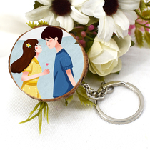 Hand-painted raw wood chip silver key chain ring diy handmade wood wood pendant hanging ornaments to give gifts