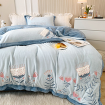 Good Dream cartoon cute embroidery warm four-piece thick plush milk lint bedding autumn and winter
