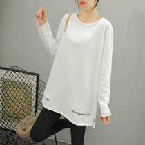 Loose display slim open fork long sleeve inner lap T-shirt Undershirt Woman Mid-Length pure cotton outwear Broken Hole Spring Embroidery New