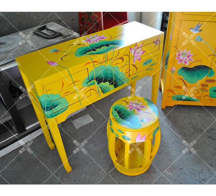 彩绘梳妆台手绘花鸟梳妆桌凳组合卧室小户型装饰台新中式实木家具