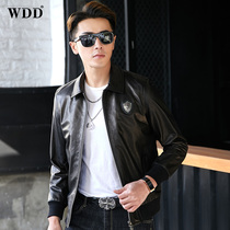 2021 Mens Leather Leather Goat Leather Jacket Short Lapel Slim Machine Clothing Thin Single Leather Spring Jacket