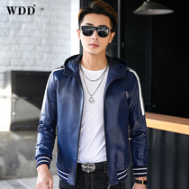 Haining leather leather men short hooded 2021 autumn new youth fashion trend sheep leather jacket coat