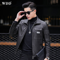2022 Autumn New Genuine Leather Jacket Mens Lapel Short Haining Top Layer Cowhide Jacket Leisure Motorcycle Coat Fashion