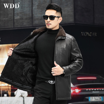 Henning genuine leather leather clothing mens deer leather jacket in long style fur integrated middle-aged and old daddy clothes winter jacket