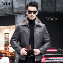 Genuine leather jacket mens short lapel Haining goatskin jacket cross mink whole mink liner mink fur winter coat