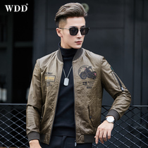 2021 new mens leather jacket short sheepskin jacket embroidery baseball collar youth locomotive clothing tide jacket