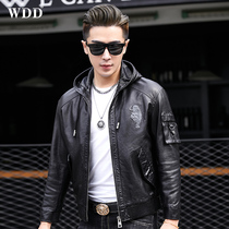 2022 autumn and winter new leather jacket mens leather sheepskin hooded short leather jacket youth handsome single leather jacket trendy
