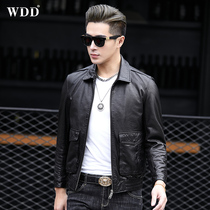 2022 New Mens Haining Genuine Leather Sheep Leather Jacket Short Motorcycle Clothes Lapel Slim Thin Jacket