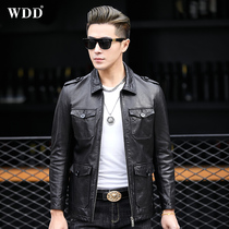 Haining genuine leather jacket mens sheepskin jacket motorcycle suit windbreaker lapel mid-length autumn and winter thin section trendy coat