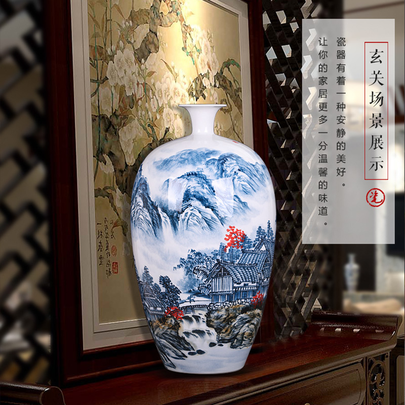 Famous master of jingdezhen ceramics hand - made scenery antique Chinese blue and white porcelain vase sitting room adornment is placed