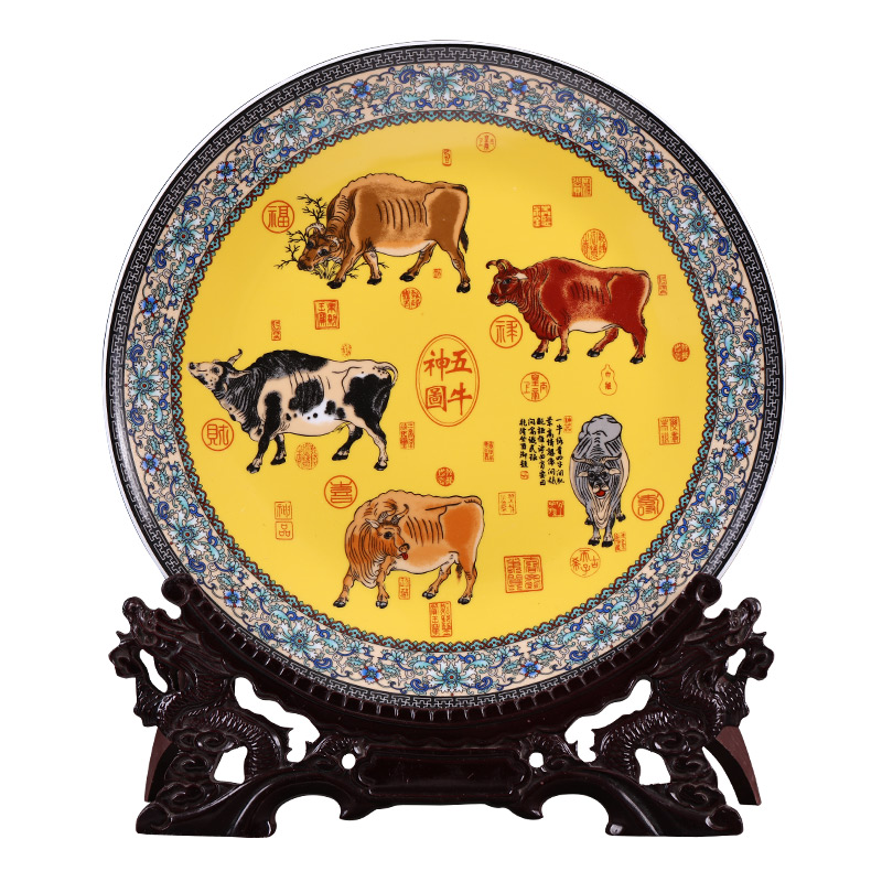 Jingdezhen ceramic five NiuTu household of Chinese style rich ancient frame hang dish decorative plate is placed in the sitting room porch handicraft