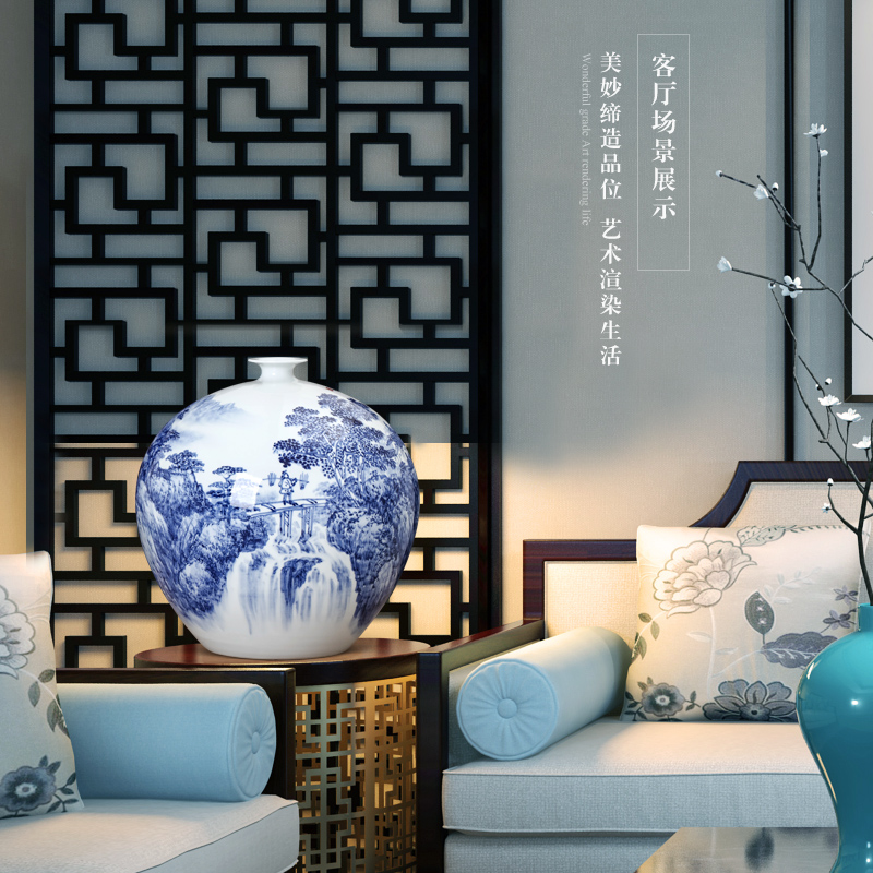 Jingdezhen blue and white landscape hand - made ceramics vase furnishing articles of Chinese style living room TV ark adornment household arranging flowers