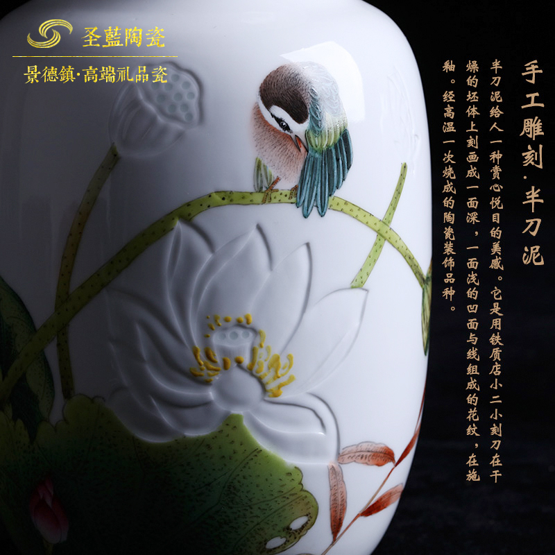 Famous master of jingdezhen ceramics all hand hand carved lotus flower vases, flower arranging new Chinese style porch place