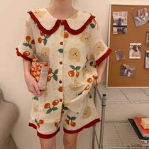 ins Korean pajamas womens summer suit outer wear lapel cardigan sweet girl student two-piece home service