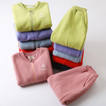 Spring and autumn childrens fleece two-piece set male and female baby sportswear casual jacket pants granular velvet ocean tide