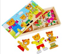 Wooden bear dressing puzzle toy single bear change of clothes two bears three bears four bear benefit intelligence puzzle board 3- 6 years old teaching aids