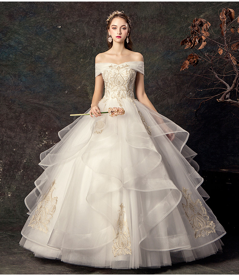 宫廷婚纱礼服2019新款简约一字肩新娘结婚森系公主梦幻蓬蓬裙显瘦