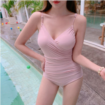 Pink V-neck cross halter sexy bikini gathered conservative cover belly thin cute one-piece swimsuit spa