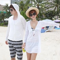 New couple sunscreen shirt white hat zipper shirt one-piece skirt long long-sleeved jacket Beach swimsuit blouse women