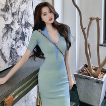 2021 summer new V-neck ice knitted dress female A- shaped temperament Sexy Slim stretch hip skirt thin