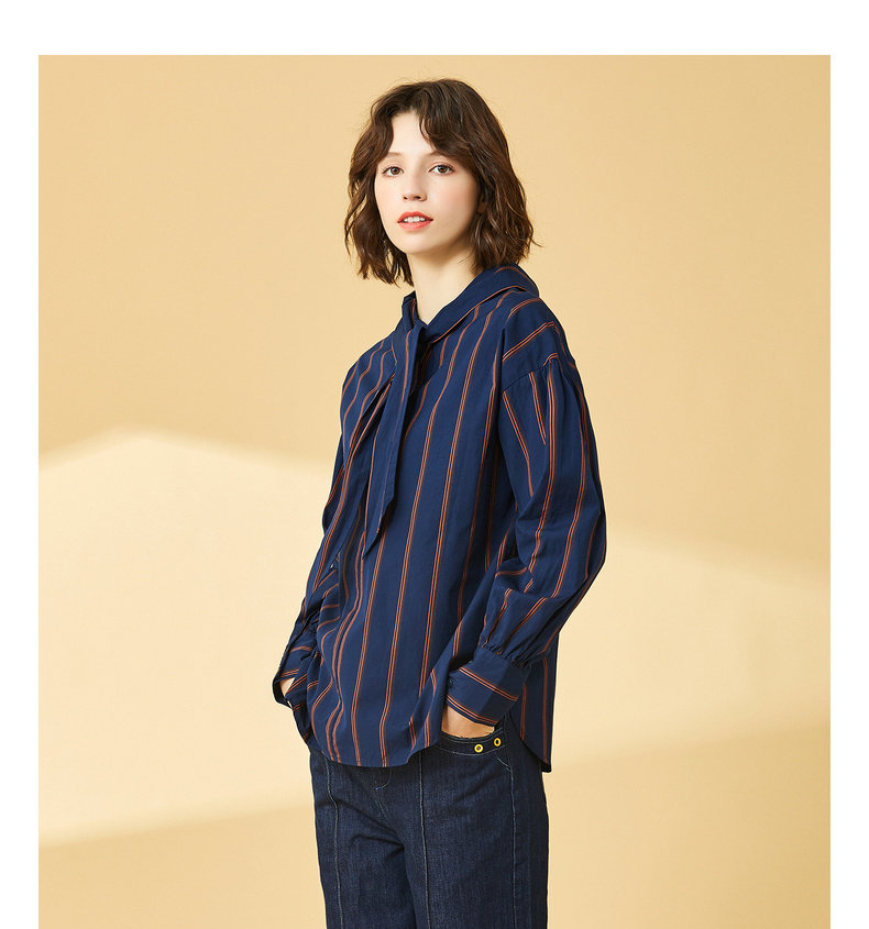 古木夕羊/gmxy2019春新品淑女风ol系带衬衫通勤百搭条纹衬衫女_有20元