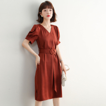 FENPERATE pure color satin glossy sensation and silk slip soft ~ retro temperament red short sleeve dress