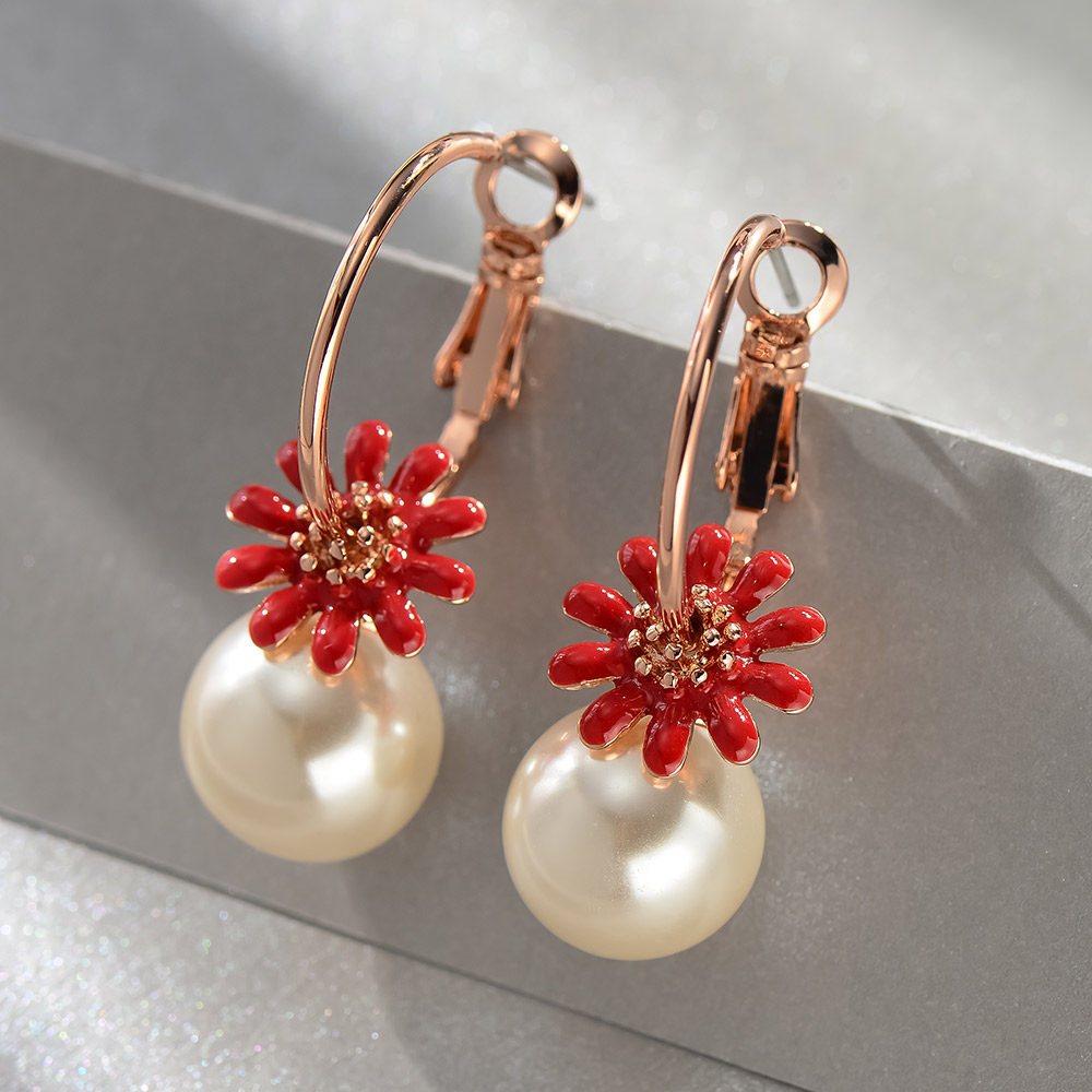 威妮华小菊花玫瑰金仿珍珠耳环清新可爱小巧花朵小耳坠女