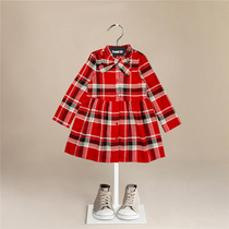 Girls middle-aged childrens bow-knot plaid long-sleeved dress cotton spring and autumn British college style one-year-old red dress